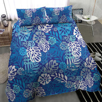 Blue Aloha Hawaiian Bedding Set Monstera Hibiscus Tropical Pattern