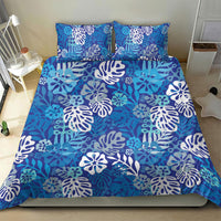 Blue Aloha Hawaiian Bedding Set Monstera Hibiscus Tropical Pattern
