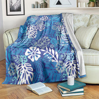 Blue Aloha Hawaiian Blanket Monstera Hibiscus Tropical Pattern