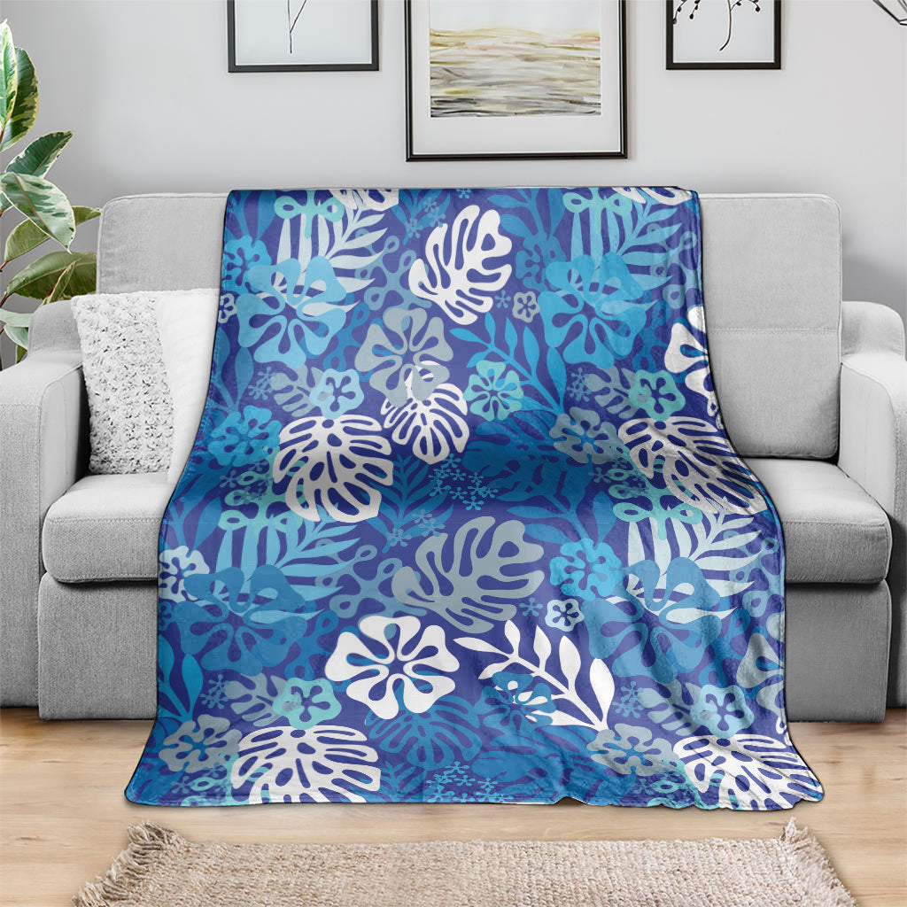 Blue Aloha Hawaiian Blanket Monstera Hibiscus Tropical Pattern