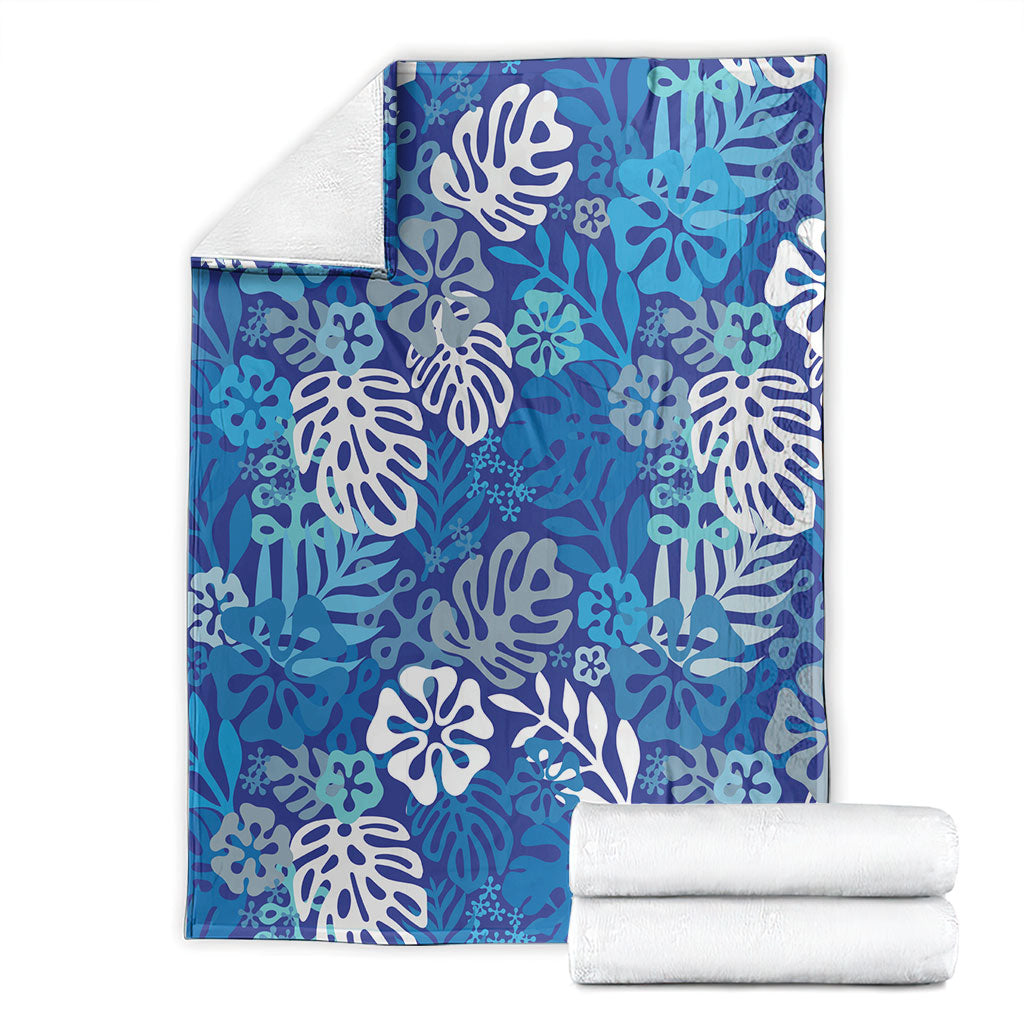 Blue Aloha Hawaiian Blanket Monstera Hibiscus Tropical Pattern