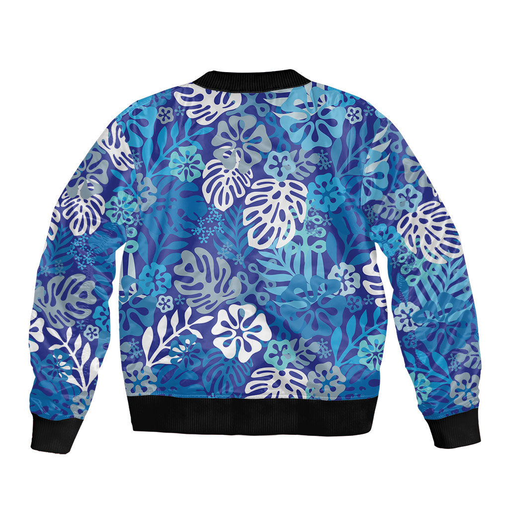 Blue Aloha Hawaiian Bomber Jacket Monstera Hibiscus Tropical Pattern