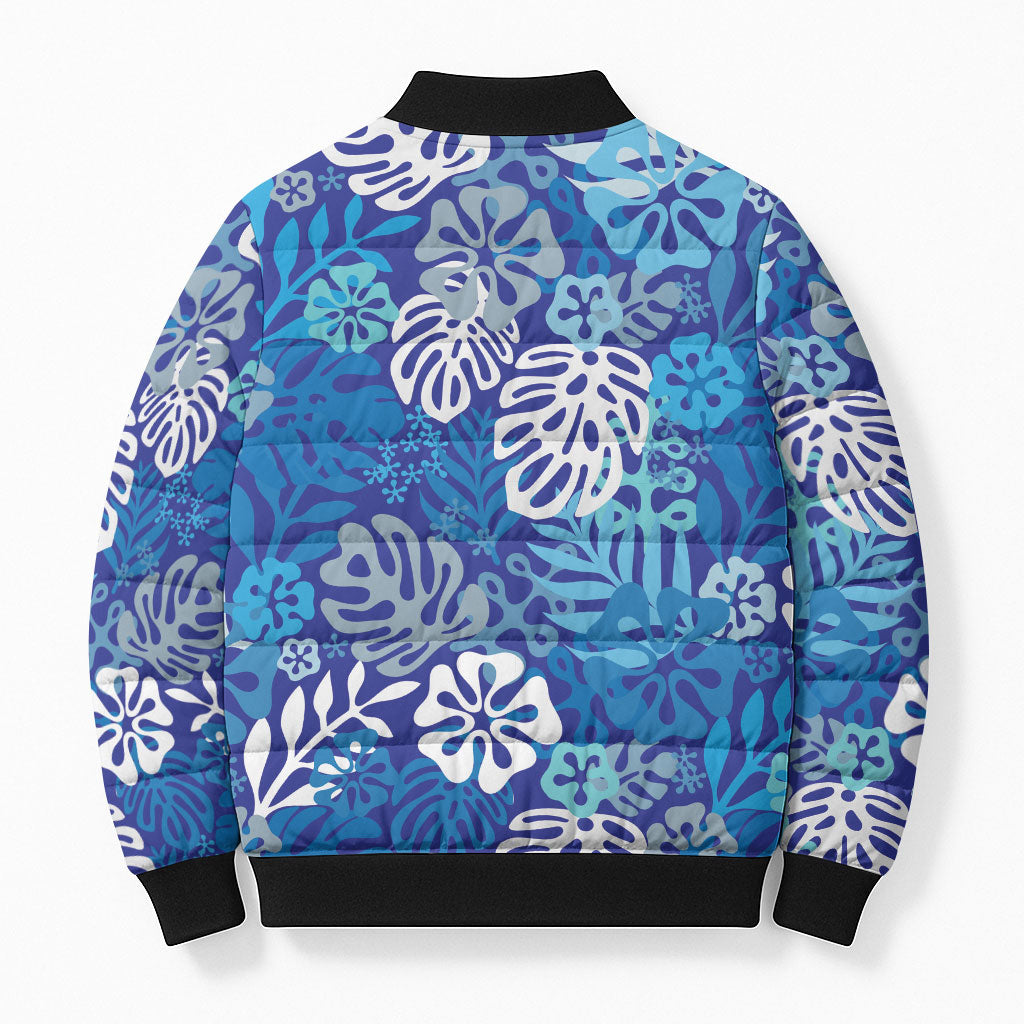Blue Aloha Hawaiian Bomber Puffer Jacket Monstera Hibiscus Tropical Pattern