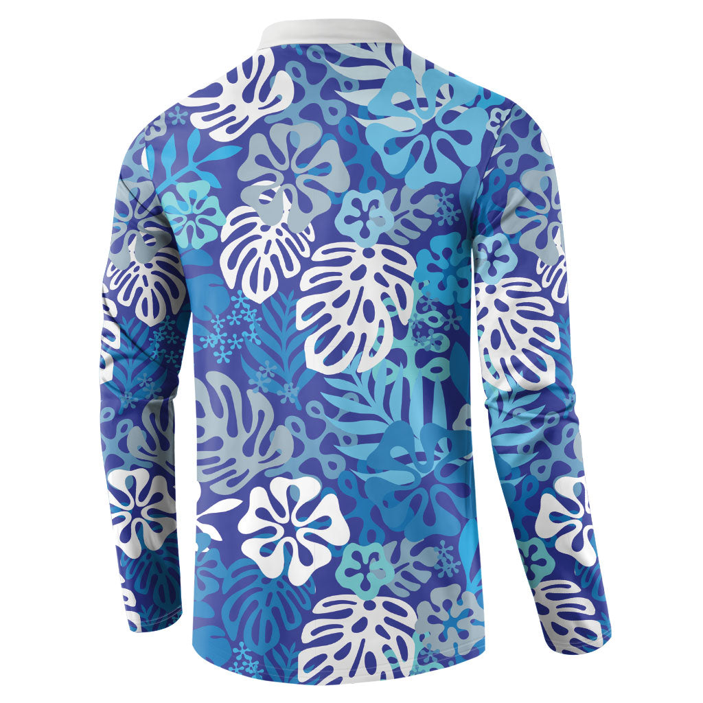 Blue Aloha Hawaiian Button Sweatshirt Monstera Hibiscus Tropical Pattern