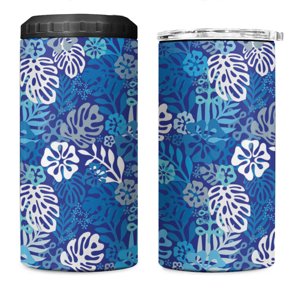 Blue Aloha Hawaiian 4 in 1 Can Cooler Tumbler Monstera Hibiscus Tropical Pattern