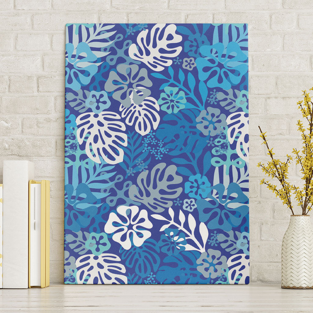 Blue Aloha Hawaiian Canvas Wall Art Monstera Hibiscus Tropical Pattern