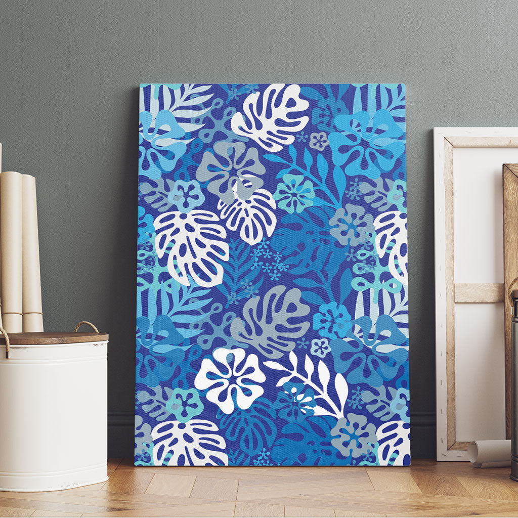 Blue Aloha Hawaiian Canvas Wall Art Monstera Hibiscus Tropical Pattern