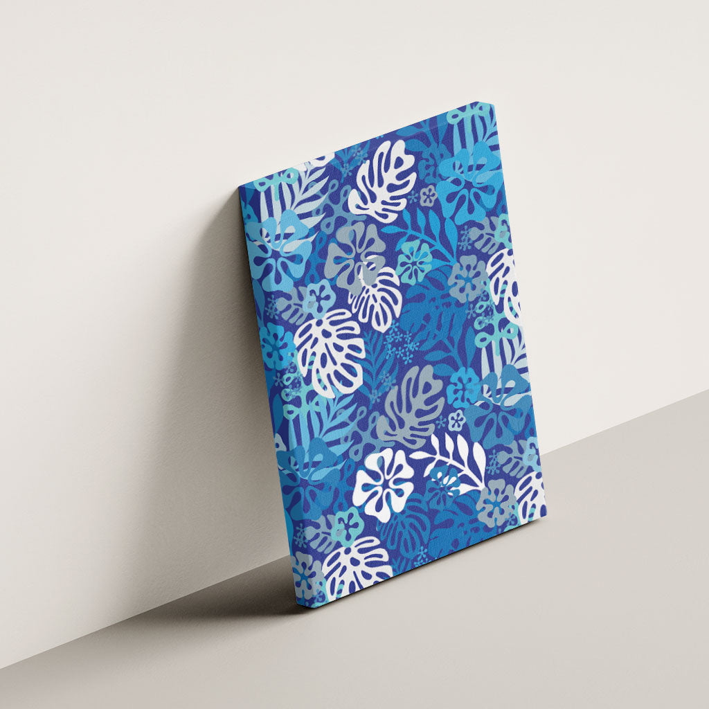 Blue Aloha Hawaiian Canvas Wall Art Monstera Hibiscus Tropical Pattern