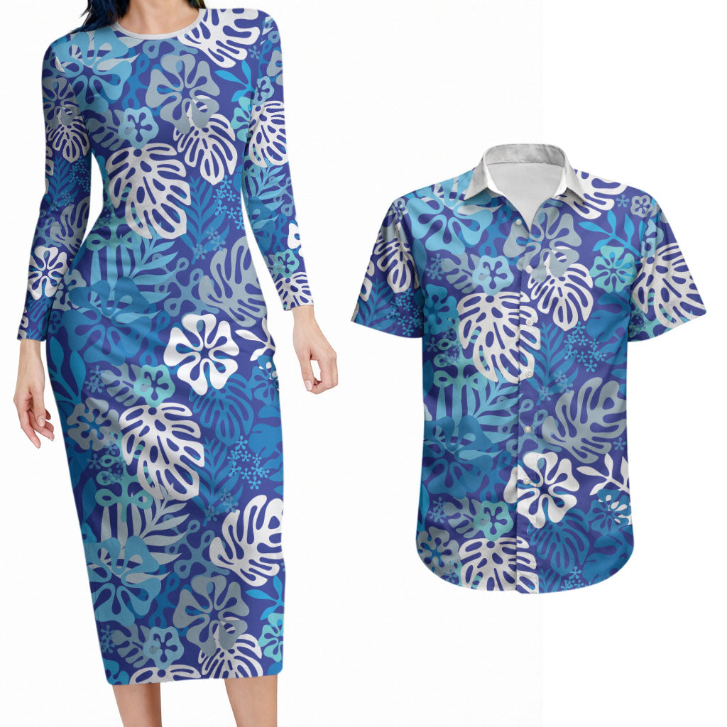 Blue Aloha Hawaiian Couples Matching Long Sleeve Bodycon Dress and Hawaiian Shirt Monstera Hibiscus Tropical Pattern