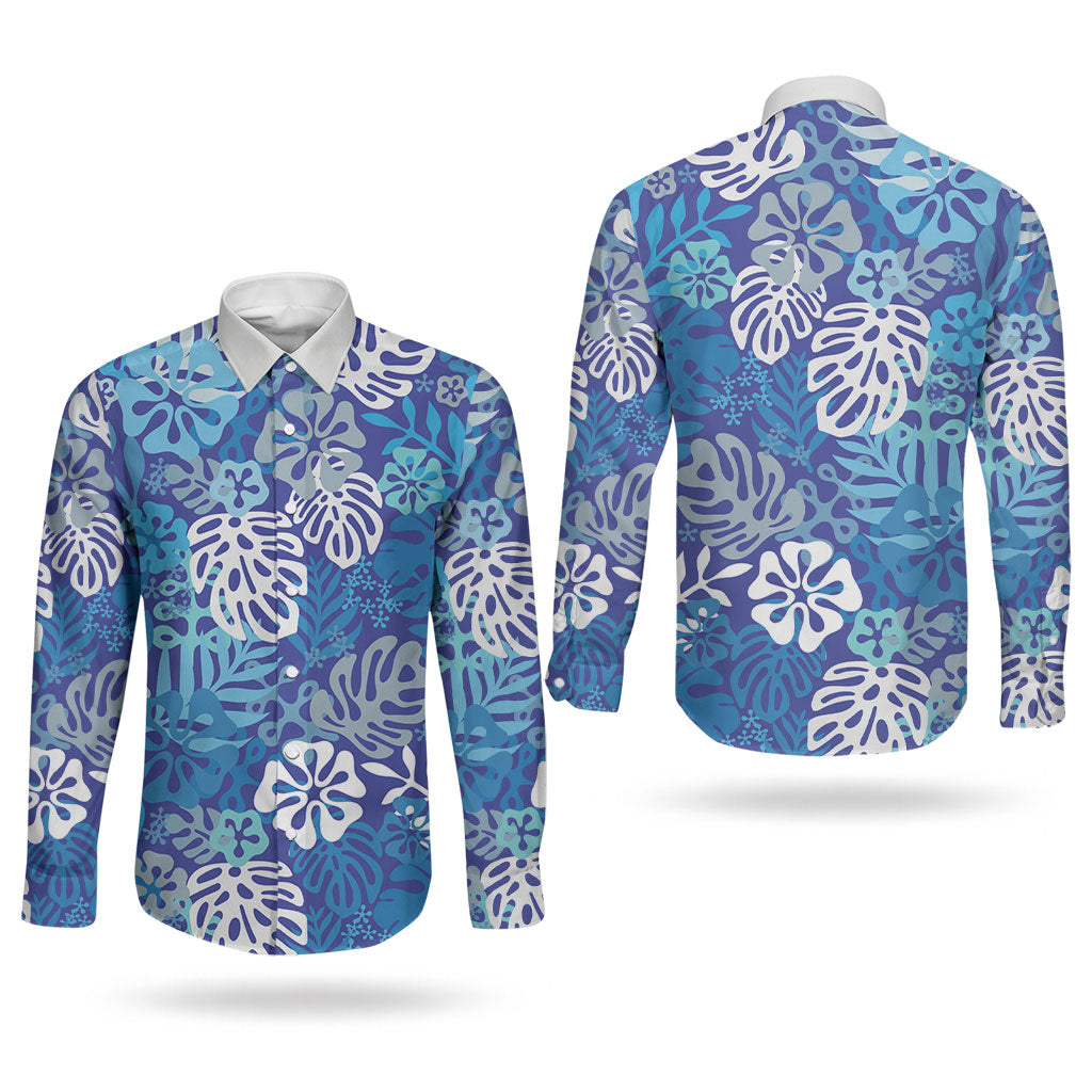 Blue Aloha Hawaiian Couples Matching Long Sleeve Bodycon Dress and Long Sleeve Button Shirt Monstera Hibiscus Tropical Pattern