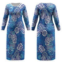Blue Aloha Hawaiian Couples Matching Long Sleeve Bodycon Dress and Long Sleeve Button Shirt Monstera Hibiscus Tropical Pattern