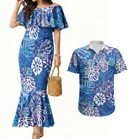 Blue Aloha Hawaiian Couples Matching Mermaid Dress and Hawaiian Shirt Monstera Hibiscus Tropical Pattern