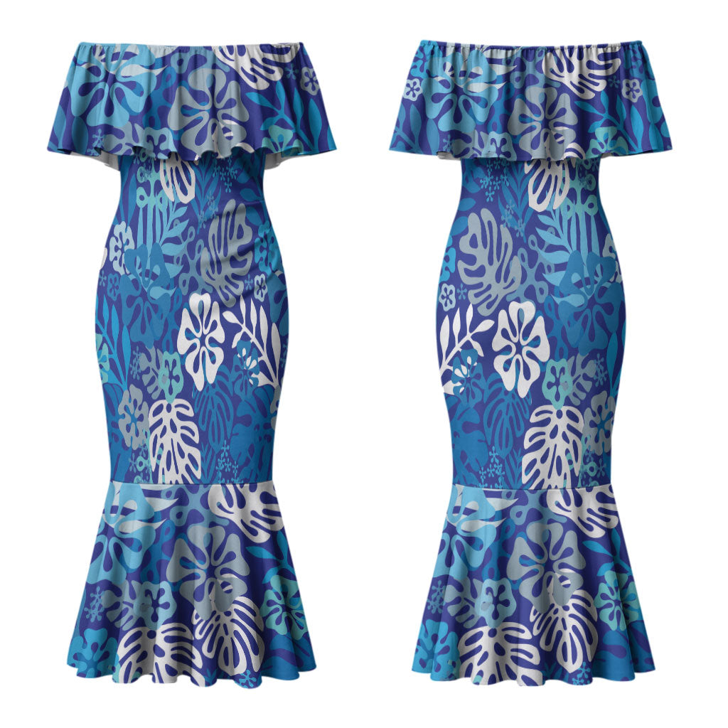 Blue Aloha Hawaiian Couples Matching Mermaid Dress and Hawaiian Shirt Monstera Hibiscus Tropical Pattern