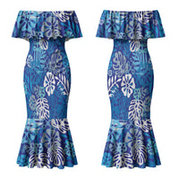 Blue Aloha Hawaiian Couples Matching Mermaid Dress and Hawaiian Shirt Monstera Hibiscus Tropical Pattern