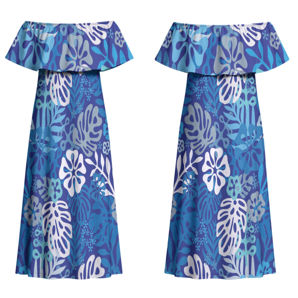 Blue Aloha Hawaiian Couples Matching Off Shoulder Maxi Dress and Long Sleeve Button Shirt Monstera Hibiscus Tropical Pattern