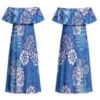 Blue Aloha Hawaiian Couples Matching Off Shoulder Maxi Dress and Long Sleeve Button Shirt Monstera Hibiscus Tropical Pattern