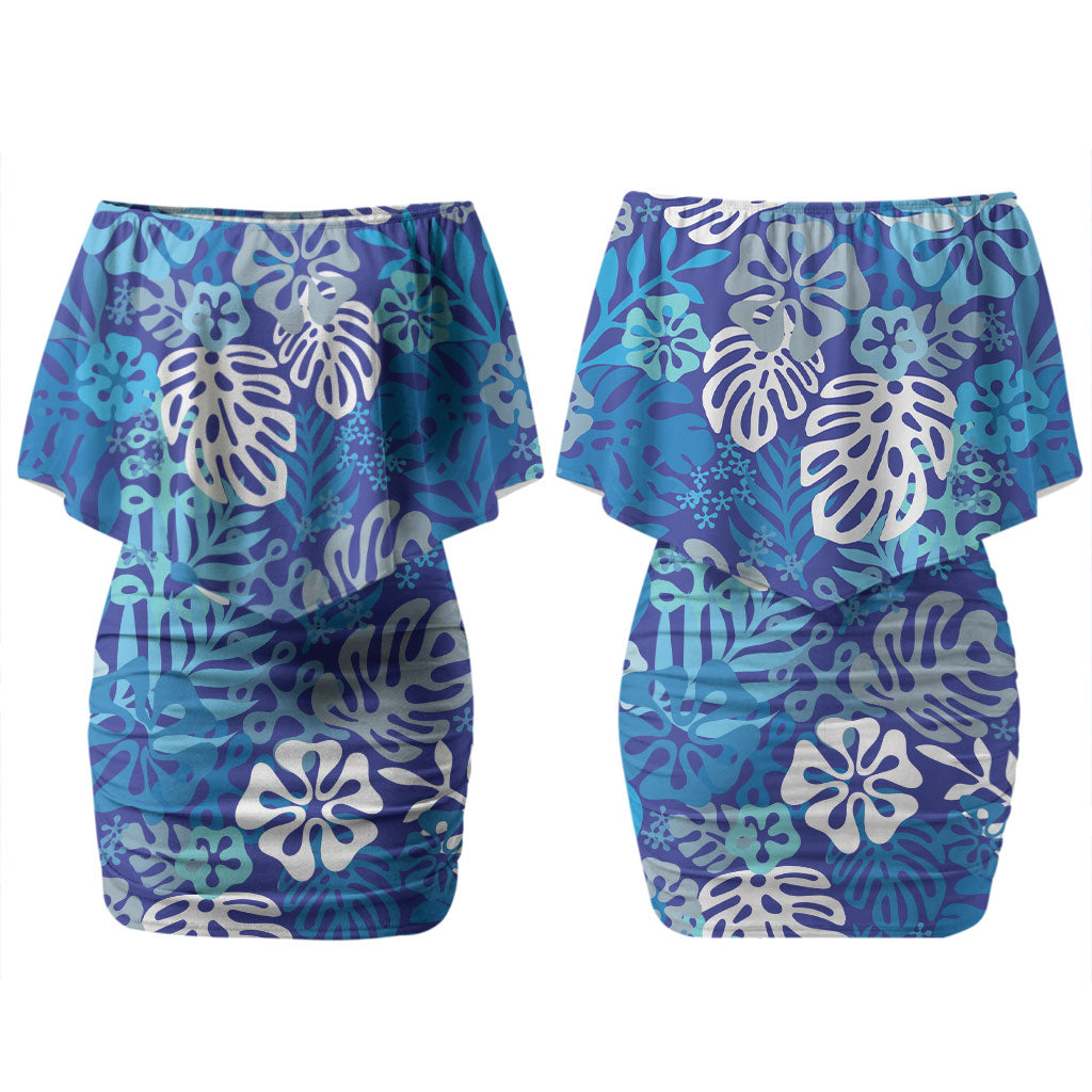 Blue Aloha Hawaiian Couples Matching Off Shoulder Short Dress and Long Sleeve Button Shirt Monstera Hibiscus Tropical Pattern