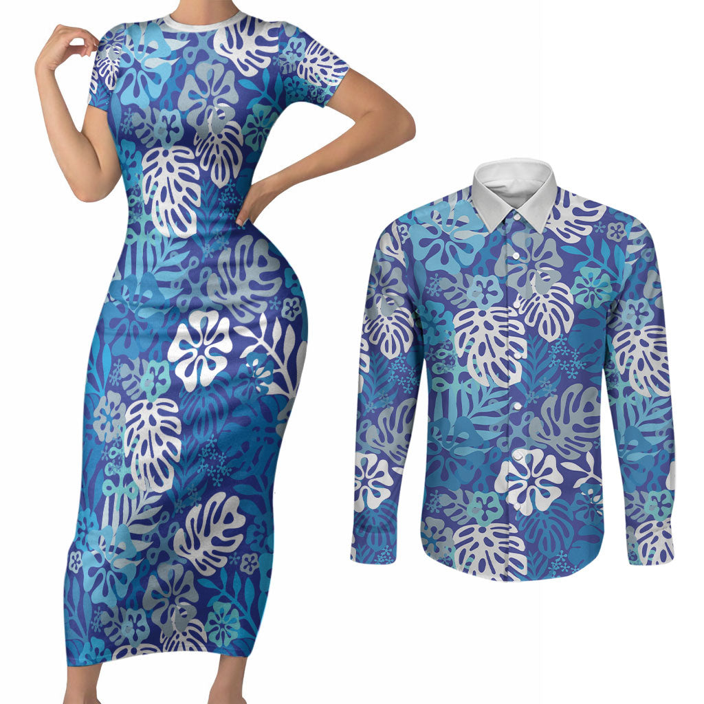Blue Aloha Hawaiian Couples Matching Short Sleeve Bodycon Dress and Long Sleeve Button Shirt Monstera Hibiscus Tropical Pattern