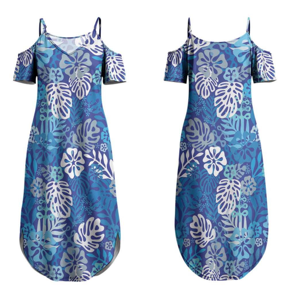 Blue Aloha Hawaiian Couples Matching Summer Maxi Dress and Long Sleeve Button Shirt Monstera Hibiscus Tropical Pattern
