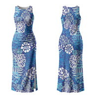 Blue Aloha Hawaiian Couples Matching Tank Maxi Dress and Hawaiian Shirt Monstera Hibiscus Tropical Pattern