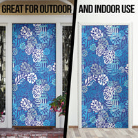 Blue Aloha Hawaiian Door Cover Monstera Hibiscus Tropical Pattern