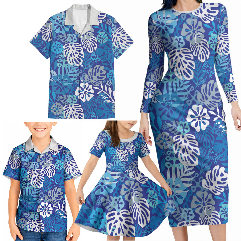 Blue Aloha Hawaiian Family Matching Long Sleeve Bodycon Dress and Hawaiian Shirt Monstera Hibiscus Tropical Pattern