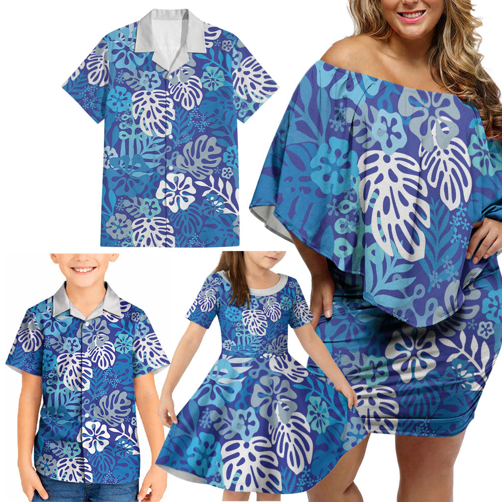 Blue Aloha Hawaiian Family Matching Off Shoulder Short Dress and Hawaiian Shirt Monstera Hibiscus Tropical Pattern LT19 - Polynesian Pride