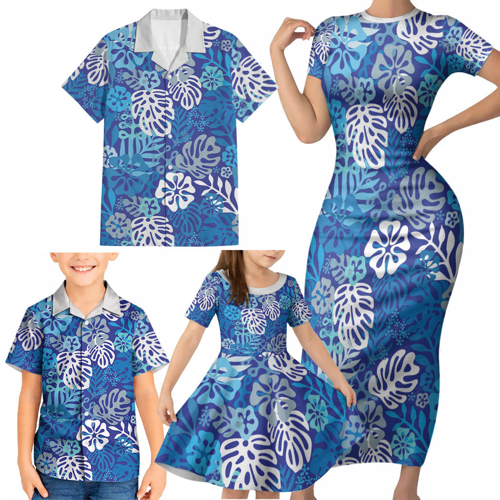 Blue Aloha Hawaiian Family Matching Short Sleeve Bodycon Dress and Hawaiian Shirt Monstera Hibiscus Tropical Pattern