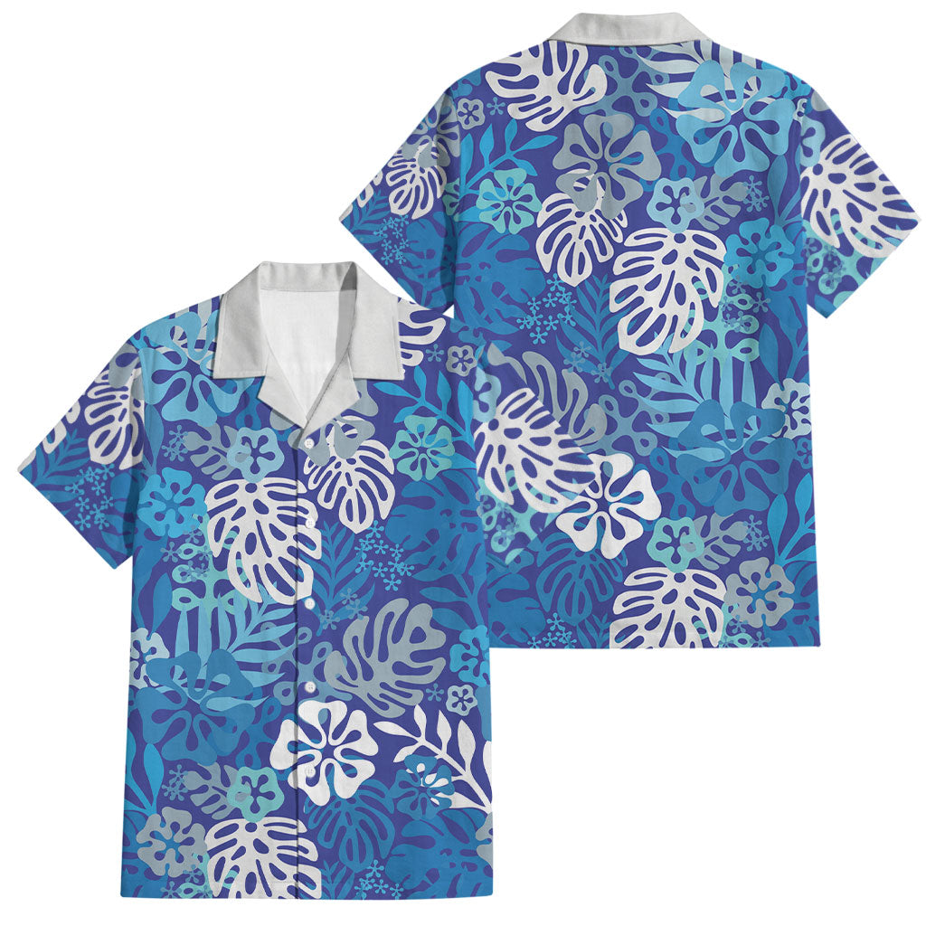 Blue Aloha Hawaiian Family Matching Short Sleeve Bodycon Dress and Hawaiian Shirt Monstera Hibiscus Tropical Pattern