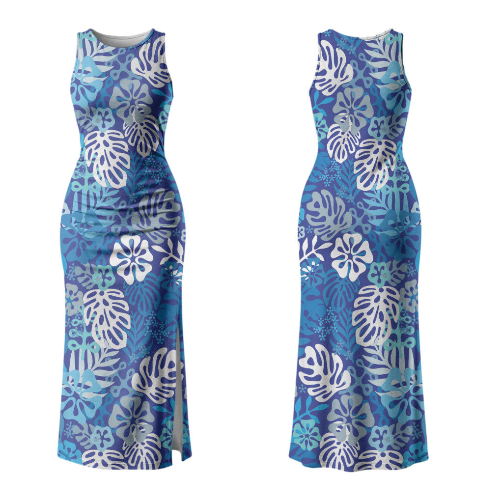 Blue Aloha Hawaiian Family Matching Tank Maxi Dress and Hawaiian Shirt Monstera Hibiscus Tropical Pattern