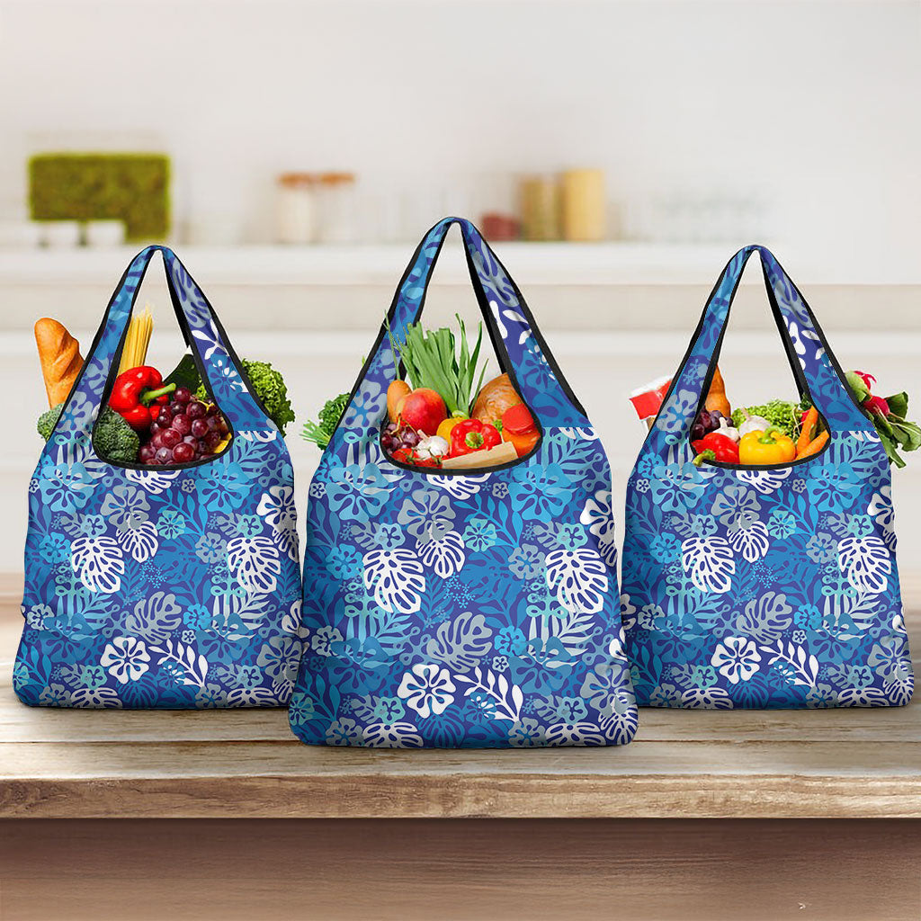 Blue Aloha Hawaiian Grocery Bag Monstera Hibiscus Tropical Pattern