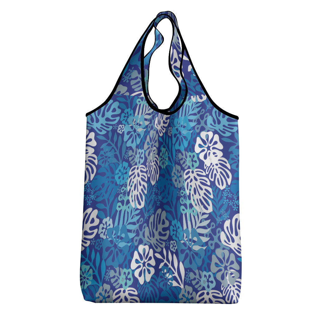 Blue Aloha Hawaiian Grocery Bag Monstera Hibiscus Tropical Pattern