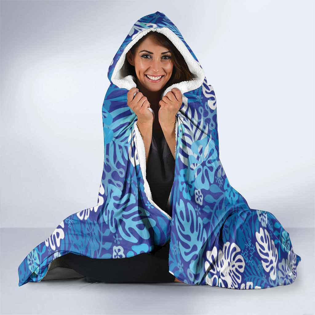 Blue Aloha Hawaiian Hooded Blanket Monstera Hibiscus Tropical Pattern