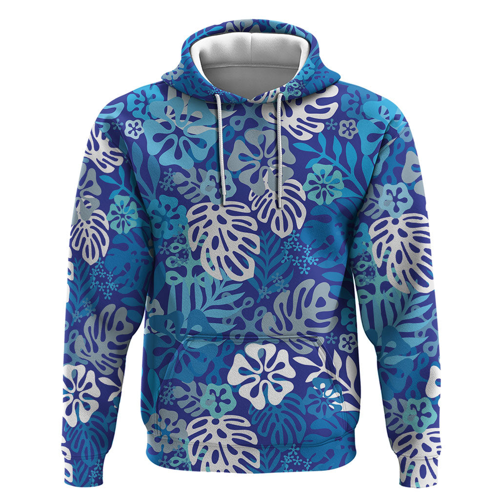 Blue Aloha Hawaiian Hoodie Monstera Hibiscus Tropical Pattern