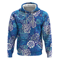 Blue Aloha Hawaiian Hoodie Monstera Hibiscus Tropical Pattern