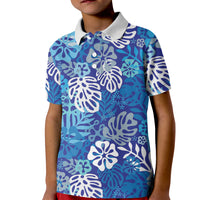 Blue Aloha Hawaiian Kid Polo Shirt Monstera Hibiscus Tropical Pattern