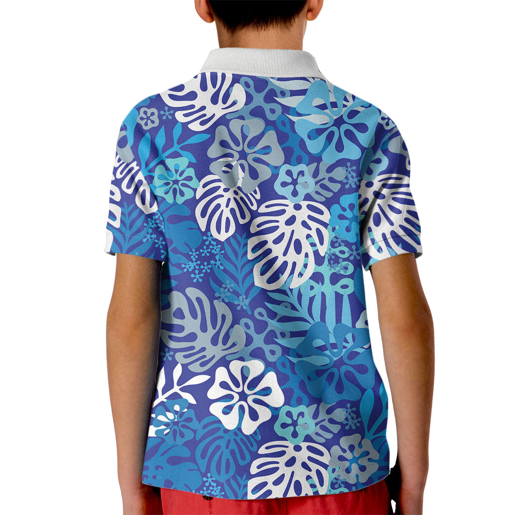 Blue Aloha Hawaiian Kid Polo Shirt Monstera Hibiscus Tropical Pattern