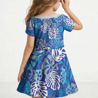 Blue Aloha Hawaiian Kid Short Sleeve Dress Monstera Hibiscus Tropical Pattern