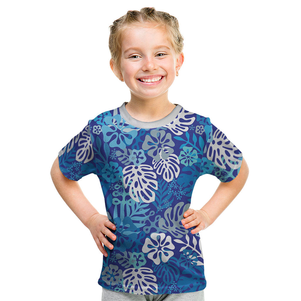 Blue Aloha Hawaiian Kid T Shirt Monstera Hibiscus Tropical Pattern