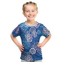 Blue Aloha Hawaiian Kid T Shirt Monstera Hibiscus Tropical Pattern