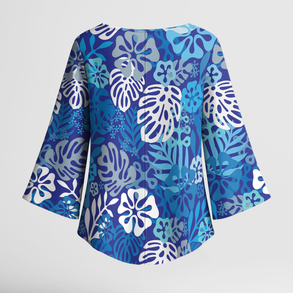 Blue Aloha Hawaiian Kimono Sleeve Blouse Monstera Hibiscus Tropical Pattern