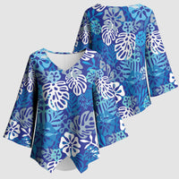 Blue Aloha Hawaiian Kimono Sleeve Blouse Monstera Hibiscus Tropical Pattern