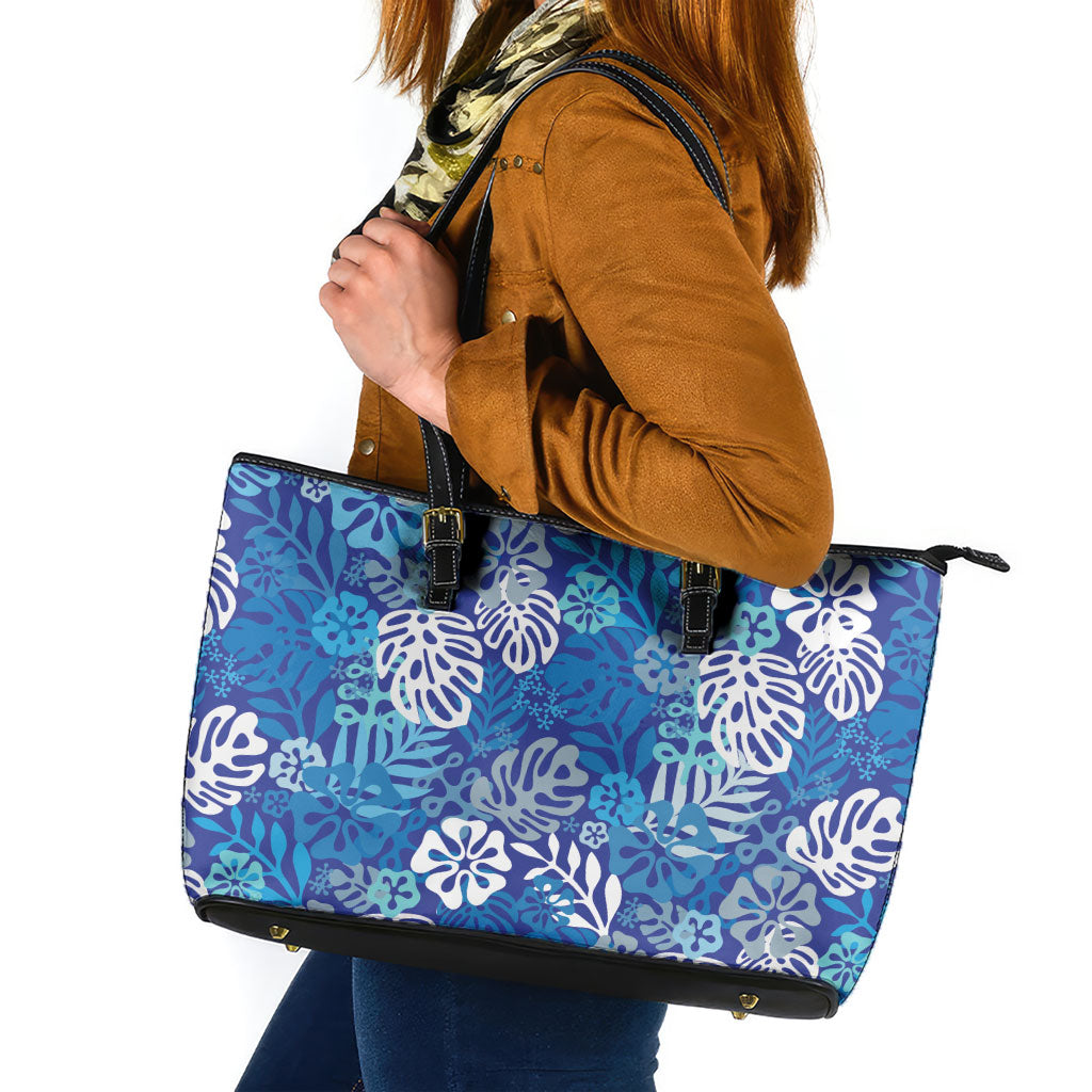 Blue Aloha Hawaiian Leather Tote Bag Monstera Hibiscus Tropical Pattern