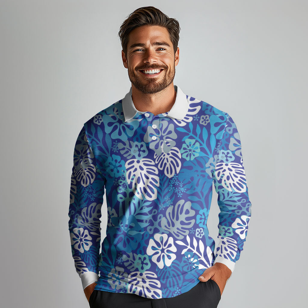 Blue Aloha Hawaiian Long Sleeve Polo Shirt Monstera Hibiscus Tropical Pattern