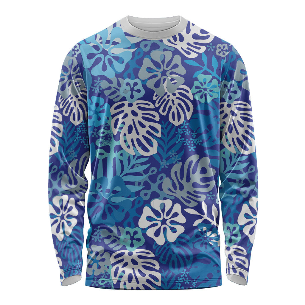 Blue Aloha Hawaiian Long Sleeve Shirt Monstera Hibiscus Tropical Pattern