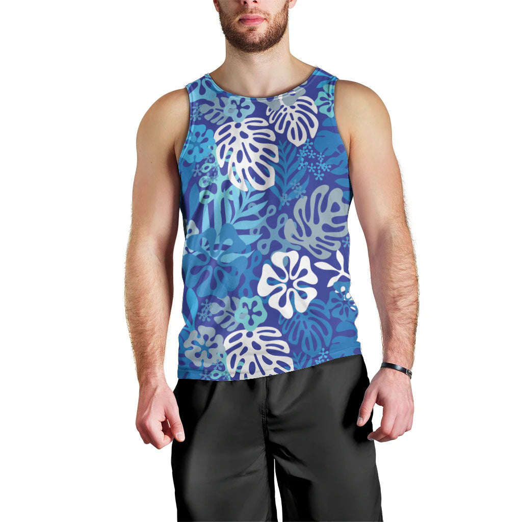 Blue Aloha Hawaiian Men Tank Top Monstera Hibiscus Tropical Pattern