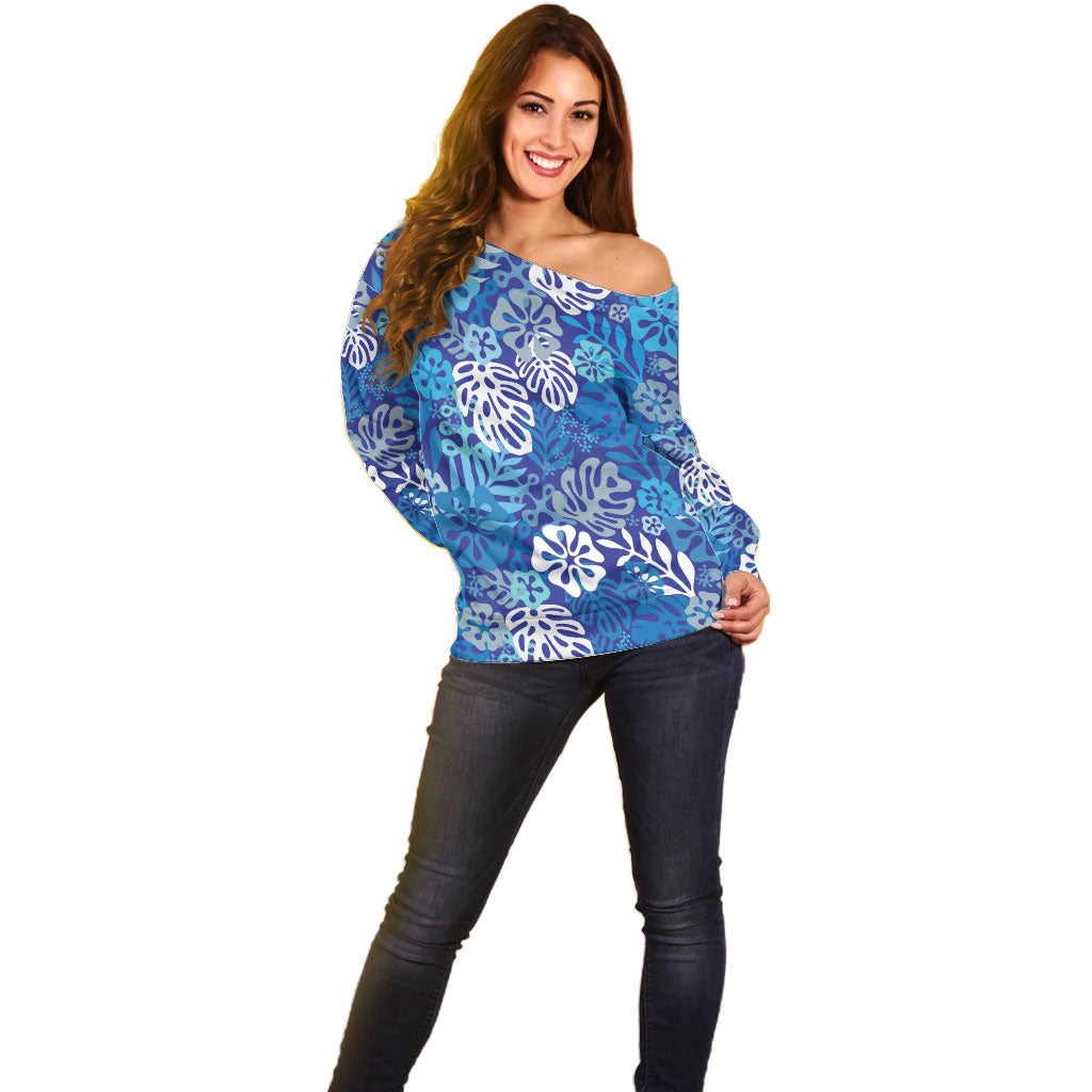 Blue Aloha Hawaiian Off Shoulder Sweater Monstera Hibiscus Tropical Pattern