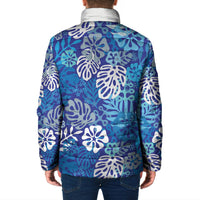 Blue Aloha Hawaiian Padded Jacket Monstera Hibiscus Tropical Pattern