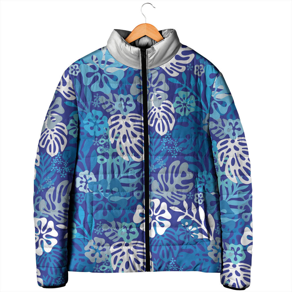 Blue Aloha Hawaiian Padded Jacket Monstera Hibiscus Tropical Pattern