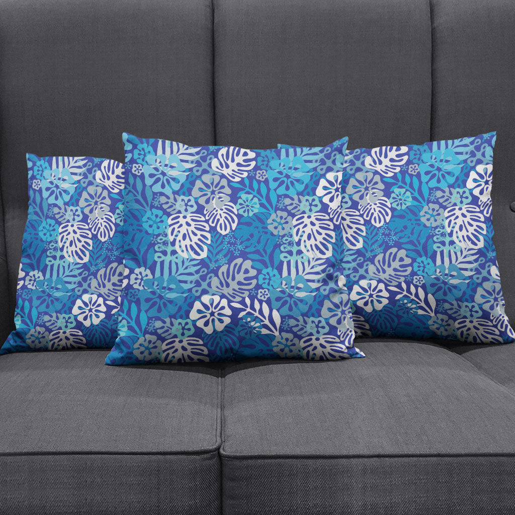Blue Aloha Hawaiian Pillow Cover Monstera Hibiscus Tropical Pattern